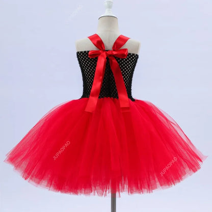 Girls Queen of Hearts Costume - Kids Halloween Dress-Up Fancy Tutu Dress with Crown, Classic Wonderland Red Queen Gown