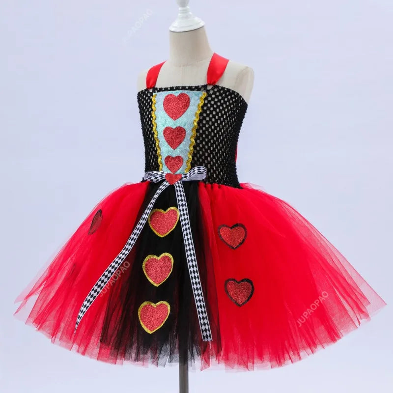 Girls Queen of Hearts Costume - Kids Halloween Dress-Up Fancy Tutu Dress with Crown, Classic Wonderland Red Queen Gown