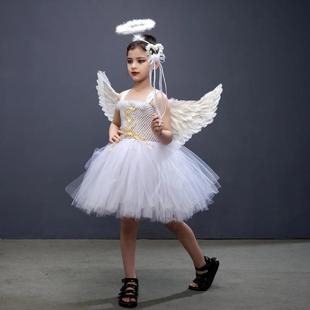 White Angel Heaven Christmas Fancy Dress for Toddler/Girls - Cosplay Halloween Party Tutu Dress, Princess Fairy Kids Outfit