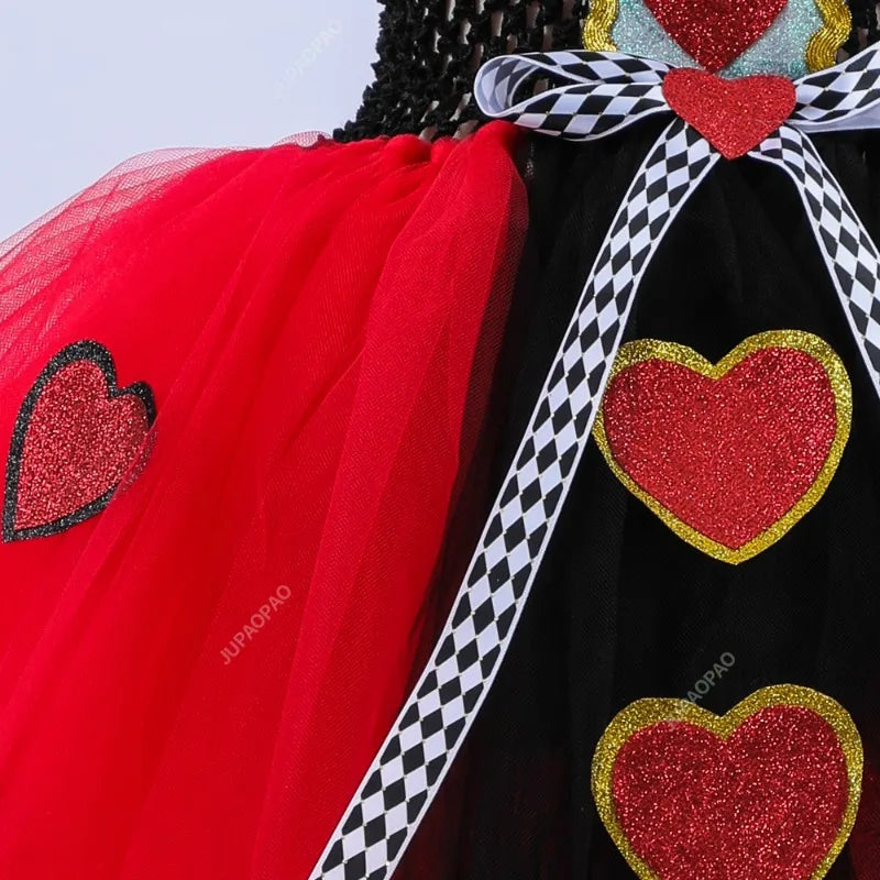 Girls Queen of Hearts Costume - Kids Halloween Dress-Up Fancy Tutu Dress with Crown, Classic Wonderland Red Queen Gown