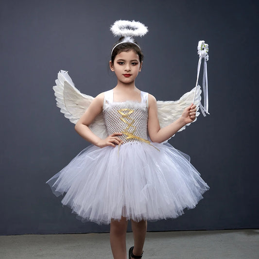 White Angel Heaven Christmas Fancy Dress for Toddler/Girls - Cosplay Halloween Party Tutu Dress, Princess Fairy Kids Outfit