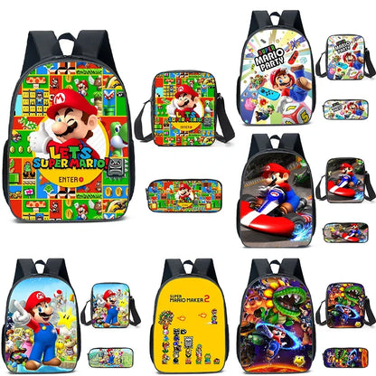 Super Mario Bros 3PCS Kids Backpack Set - Cartoon Bags, Pencil Case, Messenger Bag for Boys & Girls