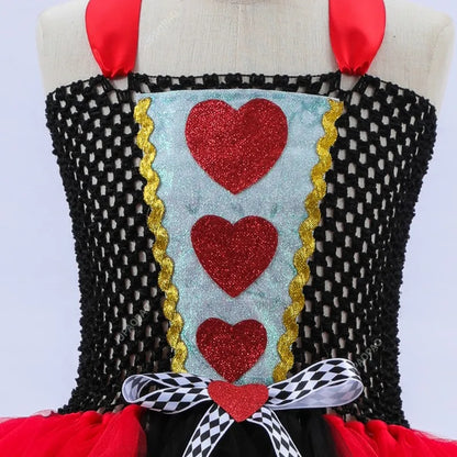 Girls Queen of Hearts Costume - Kids Halloween Dress-Up Fancy Tutu Dress with Crown, Classic Wonderland Red Queen Gown